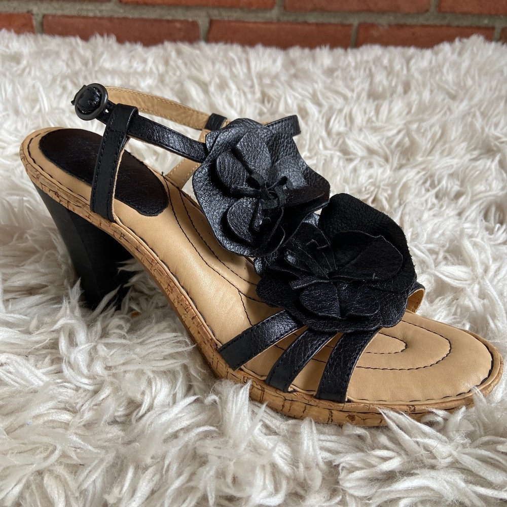 Born Black Leather Flower Heels